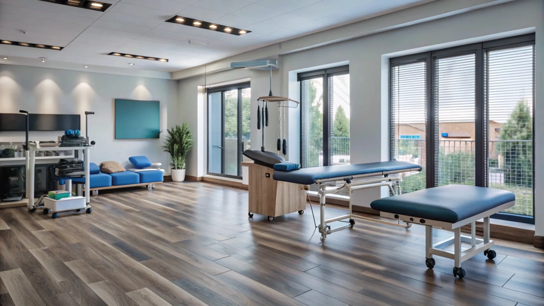 Sala de fisioterapia com maca, aparelho de pilates e luz natural