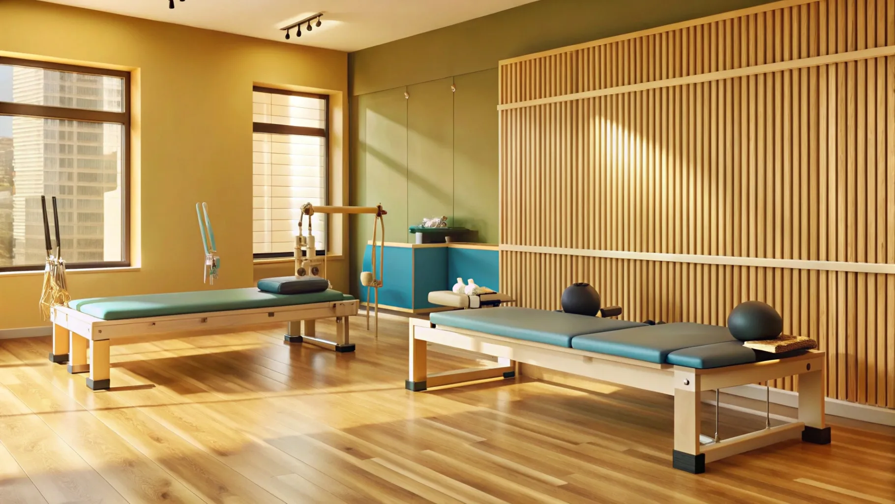 Sala de reabilitação com aparelhos e espaço para exercício