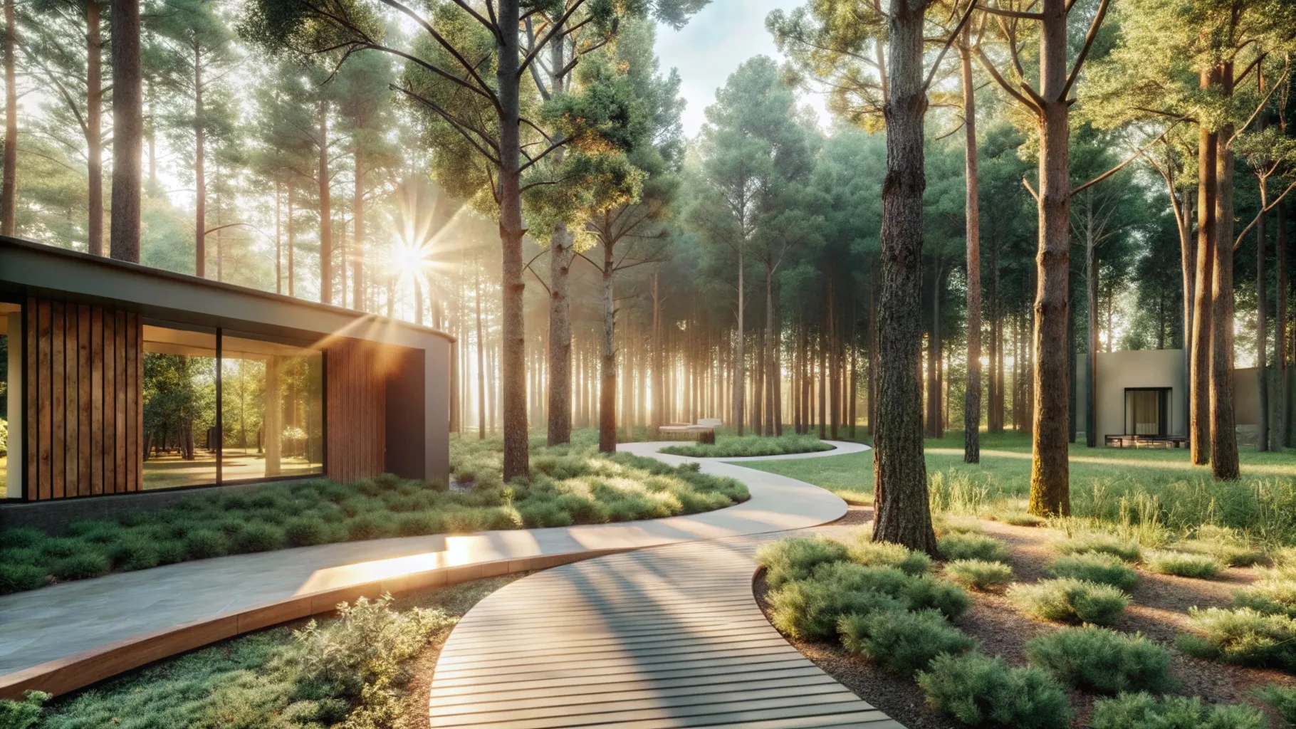 Caminho arborizado com luz suave da manhã