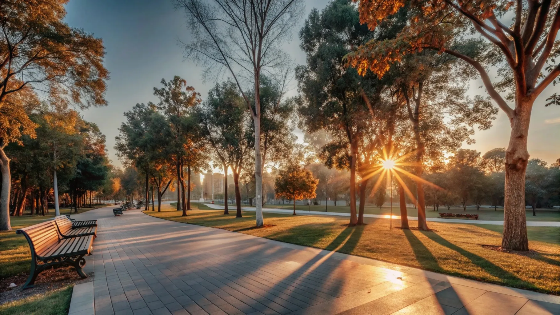 Parque arborizado com luz filtrada pelas árvores