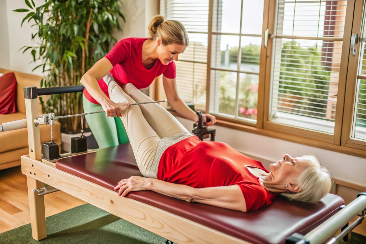 Exercício no reformer com correção do fisioterapeuta