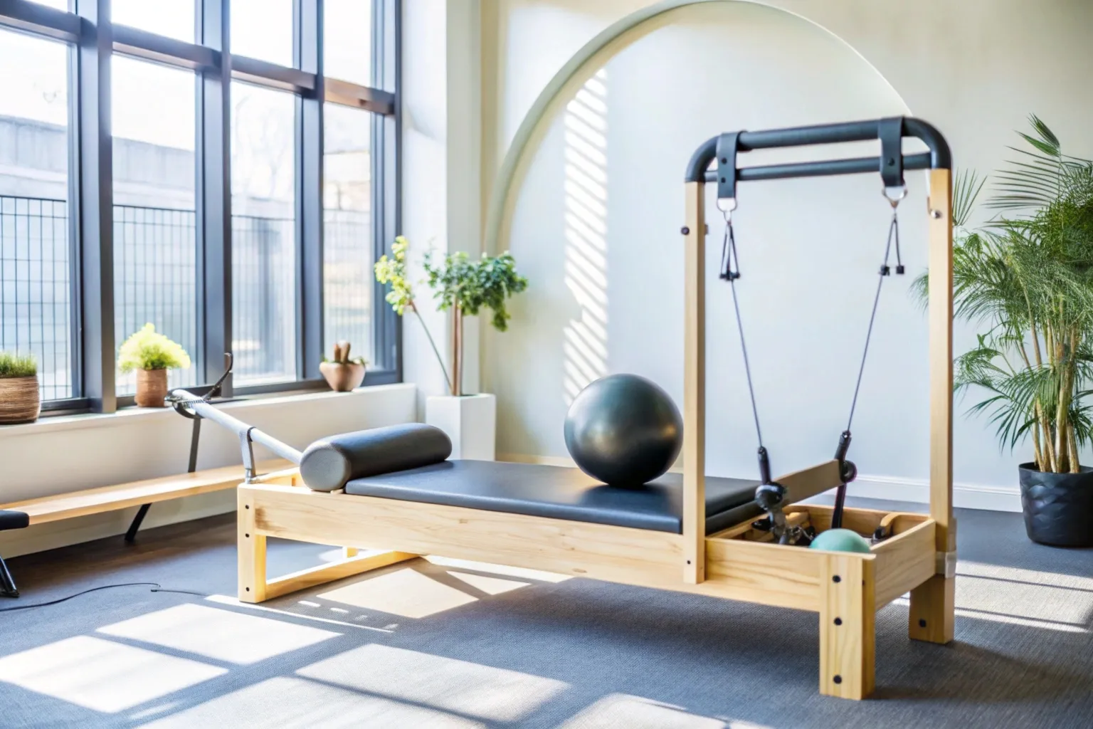 Sala de pilates clínico com aparelhos e espaço livre