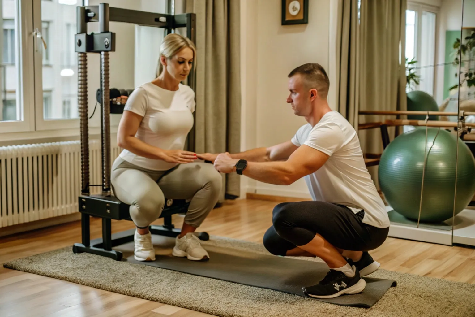 Exercício de solo com bola e faixa elástica