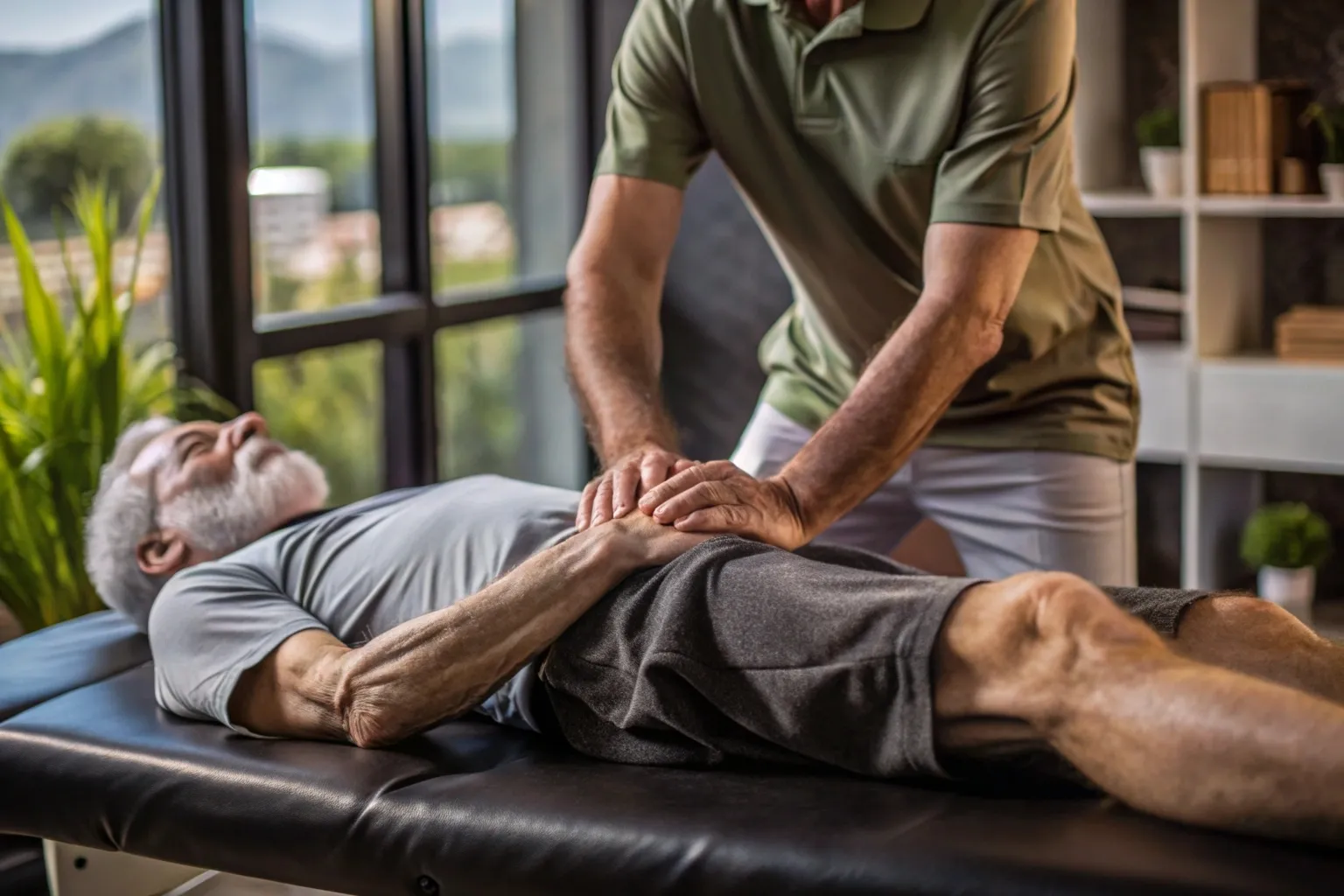 Exercício de reabilitação de joelho com apoio do fisioterapeuta