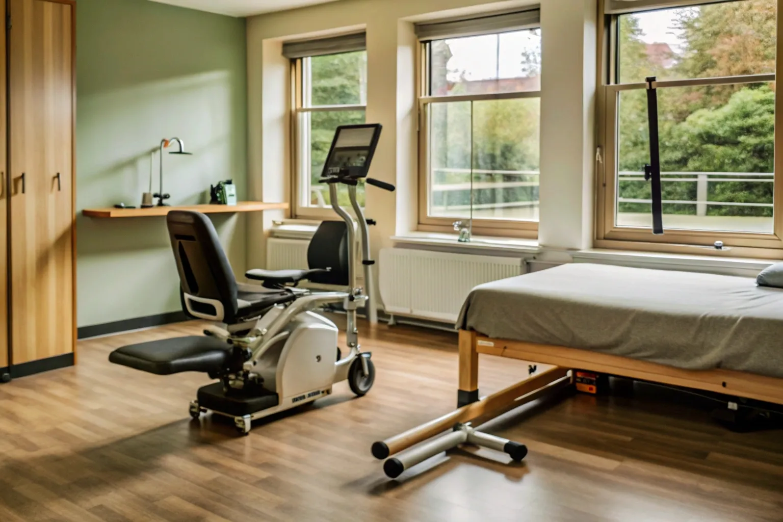 Sala de reabilitação com maca e equipamentos de apoio