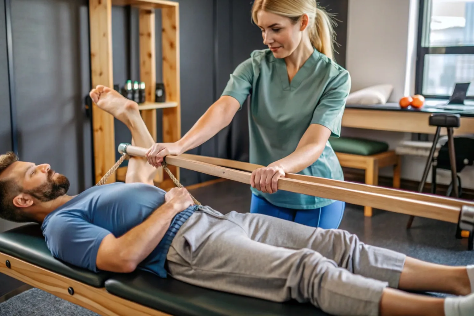 Paciente em exercicio de reabilitacao de joelho com apoio do fisioterapeuta