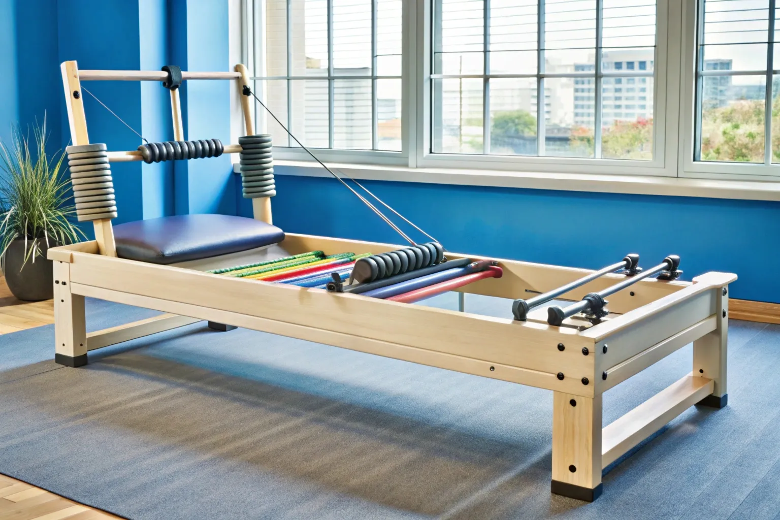 Aparelho reformer em sala clara de pilates clínico